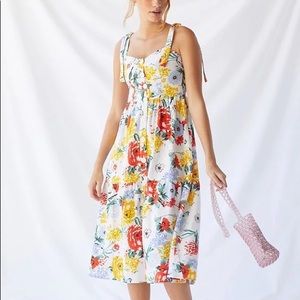 Urban Outfitters Positano Linen Floral Shoulder Tie Midi Dress with Pockets XS